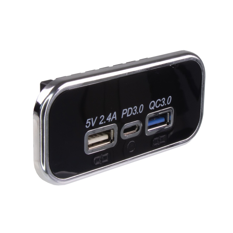 USB 2.4A + QC3.0 + USB-C zásuvka 12/24V, chromový rámeček (34678.3)
