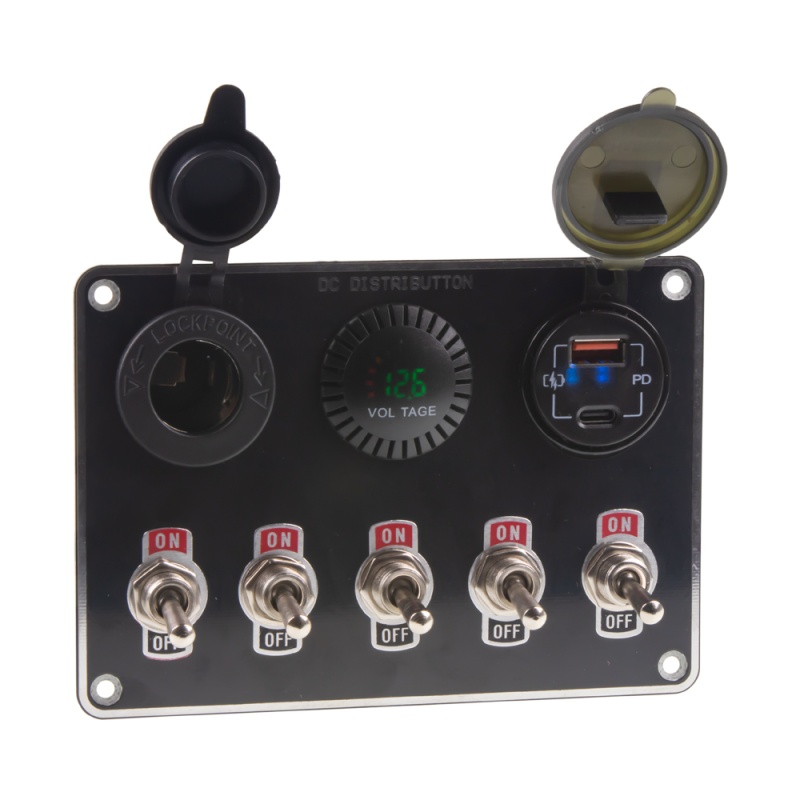 Panel s 5x spínači + 2x USB/Voltmetr a CL zásuvka, 12/24V (47180)