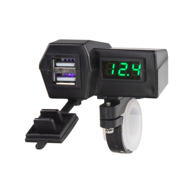 2x USB nabíječka s voltmetrem na motocykl, zelený displej (34702G)