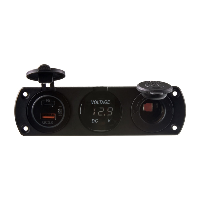 Trojitá zásuvka do panelu CL, Voltmetr, 2x USB nabíječka QC3.0/PD (34695.2)