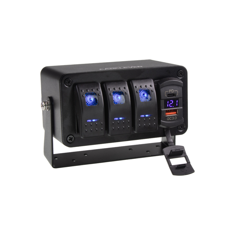 Panel s 3x spínači Rocker, voltmetr +  USB/USB-C zásuvka, 12/24V (47174)